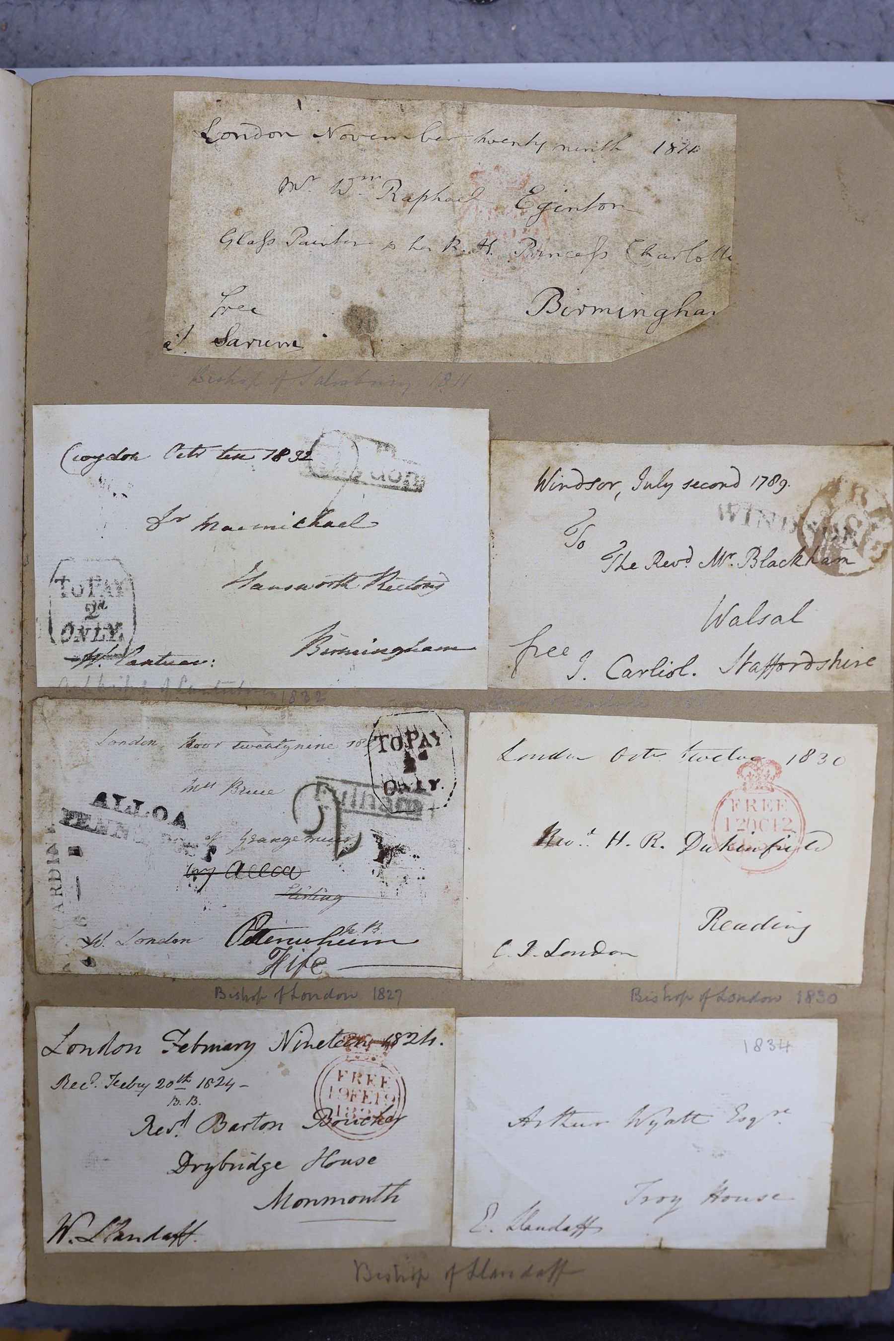 An album of postal covers inscribed by famous clergymen, c.1820-1835, collected by Mrs W. Pitt, Cheltenham 1840